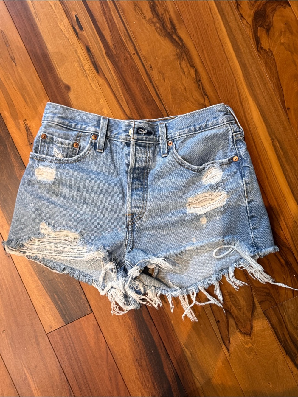 Light Blue Distressed Denim Cutoff Shorts